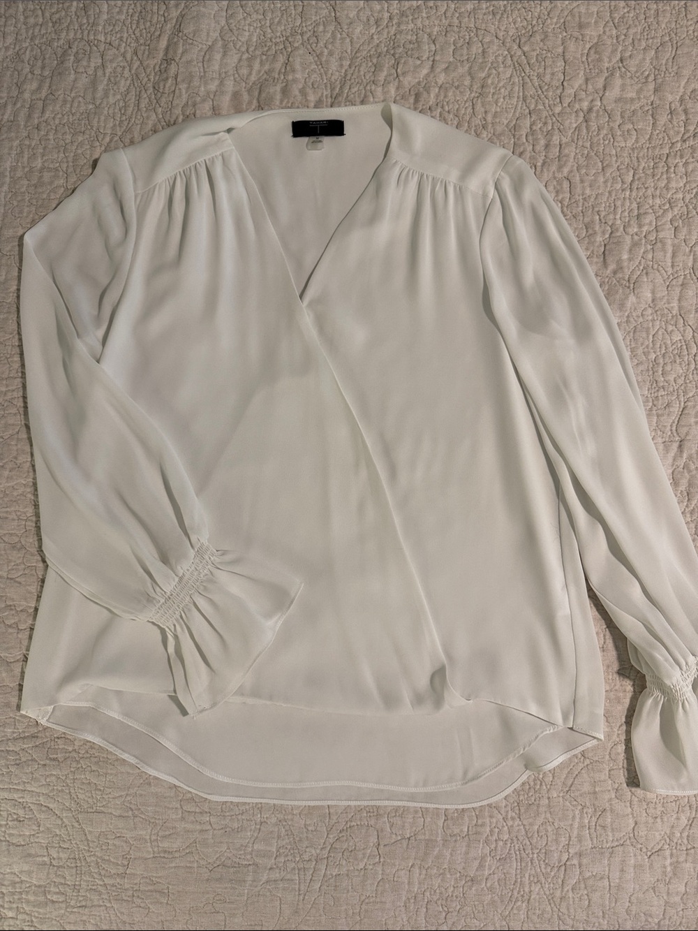 Tahari White Wrap-Front Long Sleeve Blouse, Sz M